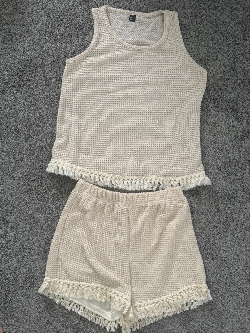 SHEIN Cream Waffle Knit Fringe Tank & Short Set